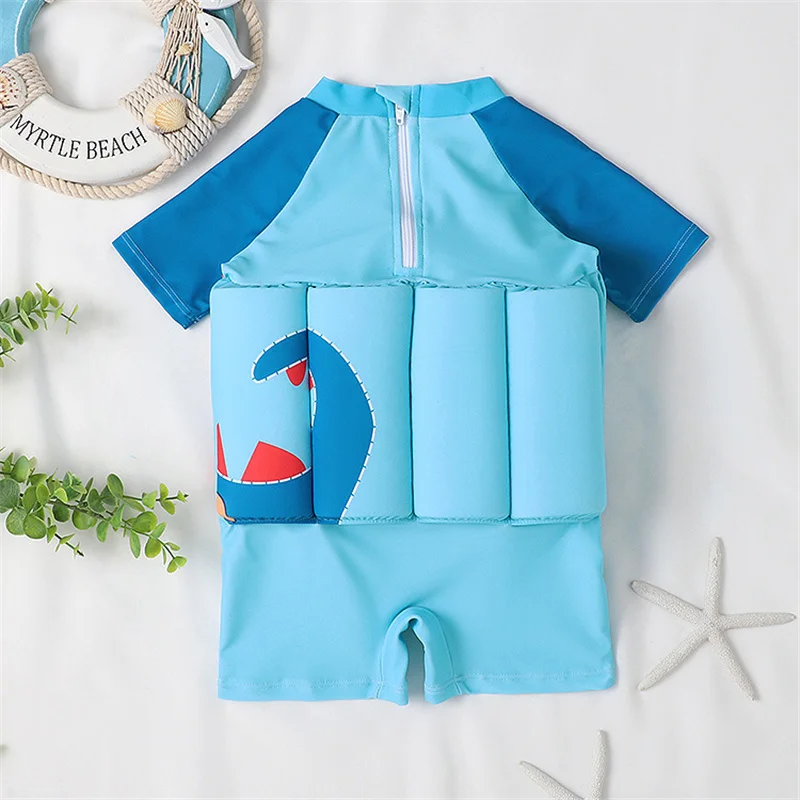 Summer Boys Short-sleeved Buoyancy Suit Blue Floating Swimsuit One-pieces Boy Swimming Wear