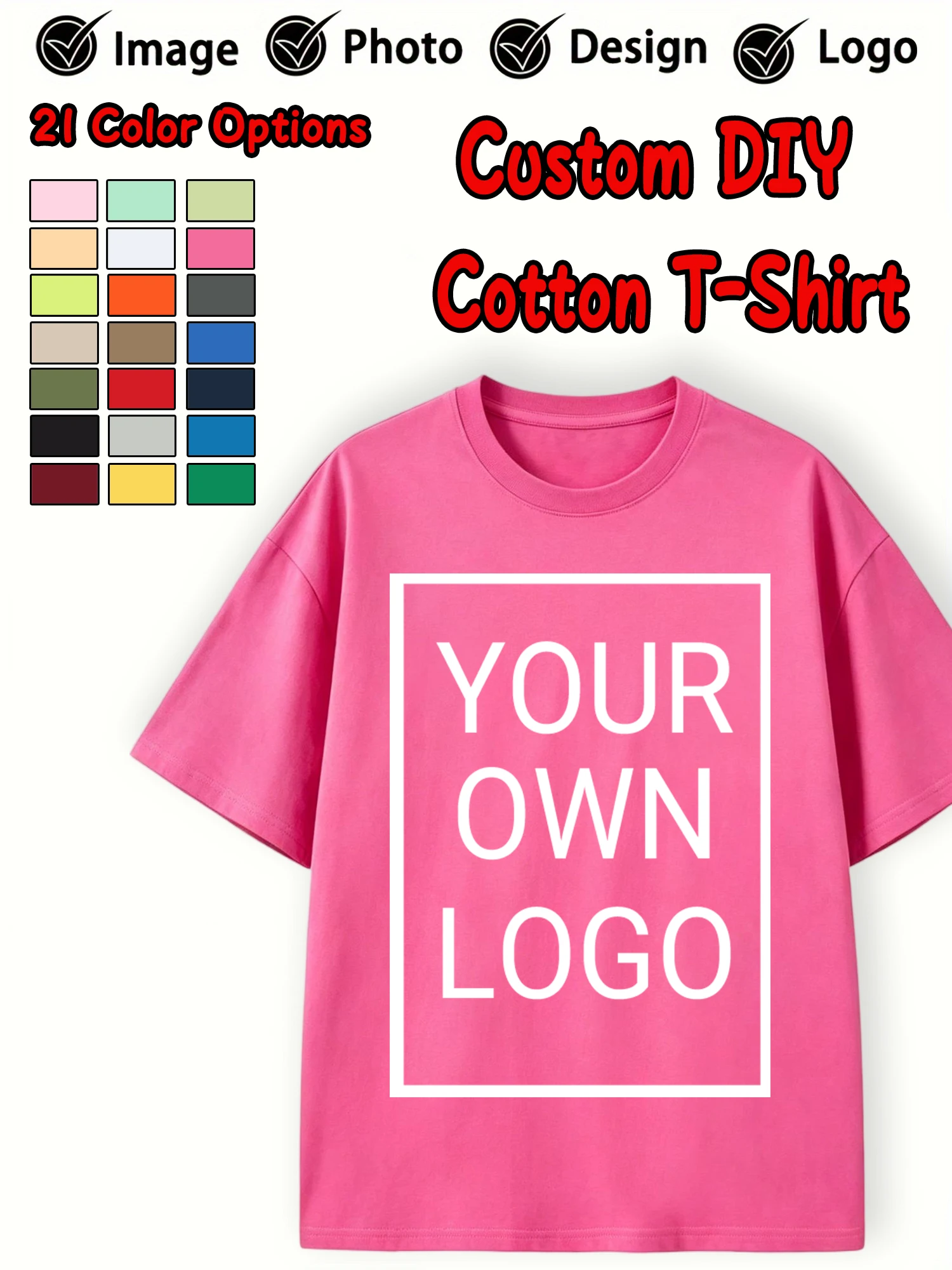 21 Color Custom Logo Picture 100% Cotton Summer Women T-Shirt Y2K Oversized Short Sleeves Breathable T Shirts Crewneck DIY Tops view 2