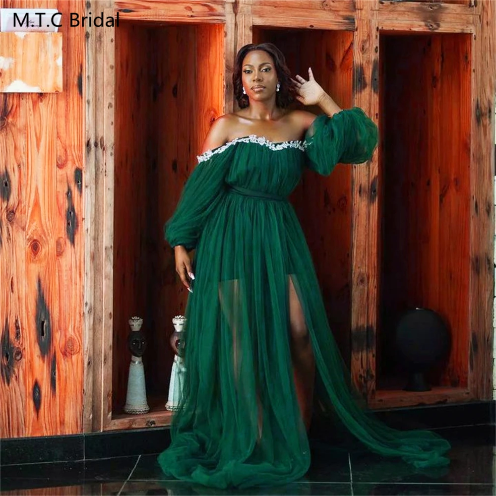 2024 Green Long Evening Dress For Pregnant Women A Line High Waist Off The Shoulder Tulle Prom Party Gowns Custom Made