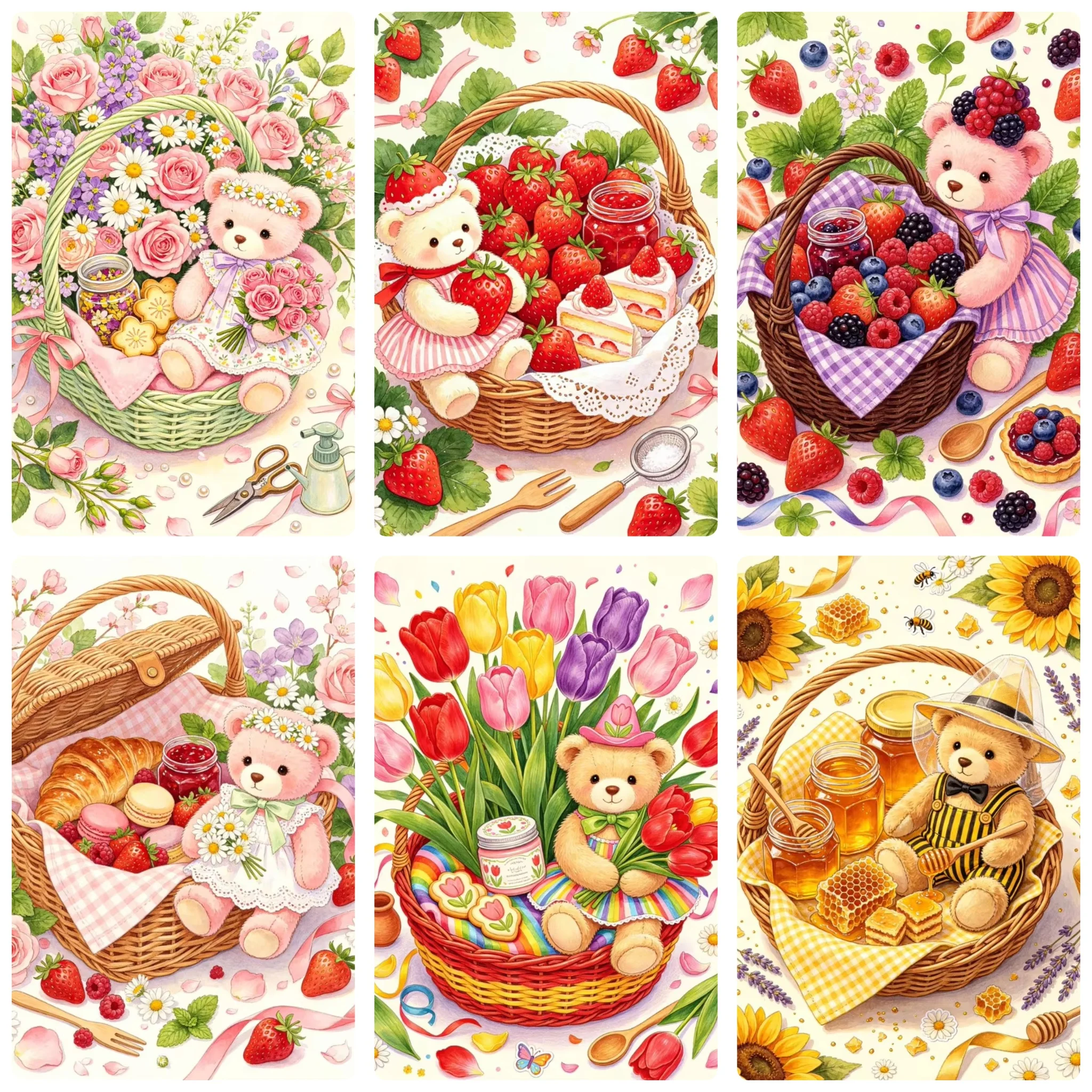 Fruit Roll Up - DIYピクニックテディベアダイヤモンドペインティング、フルーツバスケットスイートフローラルトリート、リビングルームの壁飾り手作りギフト