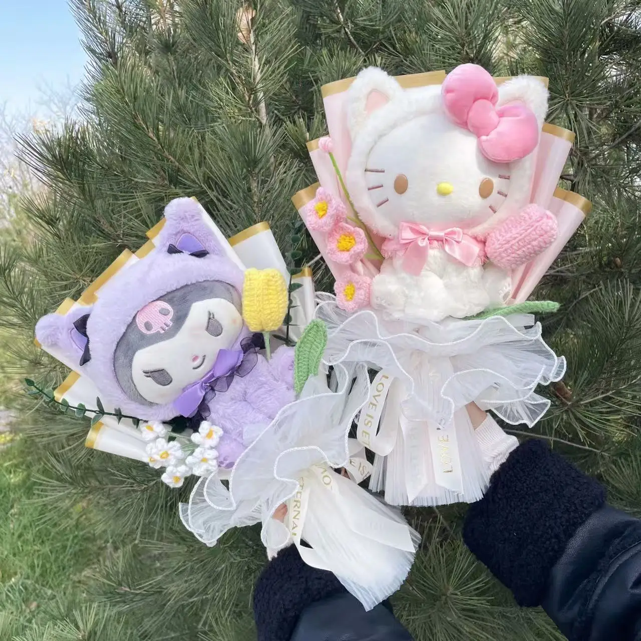 Lovely Hellokitty Kurom Plush Doll Stuffed Animals With Flowers Creative Handmade Bouquet Valentine Christmas Graduation Gifts