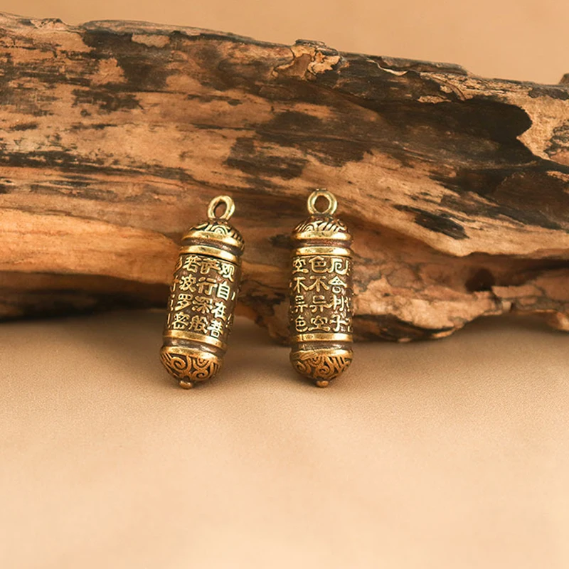 (.) Hollow Brass  Bottle Sutra Cylinder Pendant Keychain Handmade Vintage Pill Box Container Bottle Keychain Pill Case Bottle - view 4