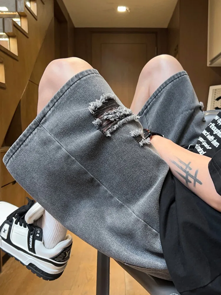 

Мужские летние тонкие свободные рваные джинсы-шорты в американском стиле, прямые повседневные брюки-капри, летний комплект, молодежная мода