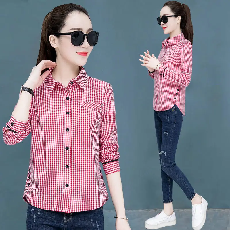 

5XL Plaid Shirts 2022 Spring Autumn Womens Blouses Tops Long Sleeve Female Stripe Casual Print Shirts Slim Checked Lady Outwear