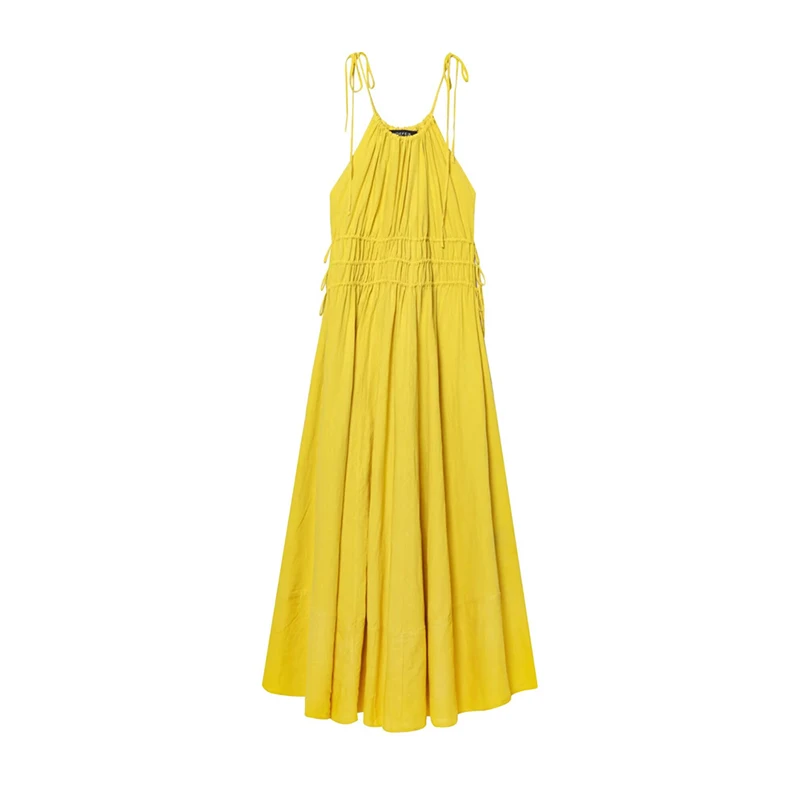 

Women's Dress Summer 2025 New Yellow Suspenders Design A Hem Dress Pleated Trim Sexy Slim Elegant and Fashionable