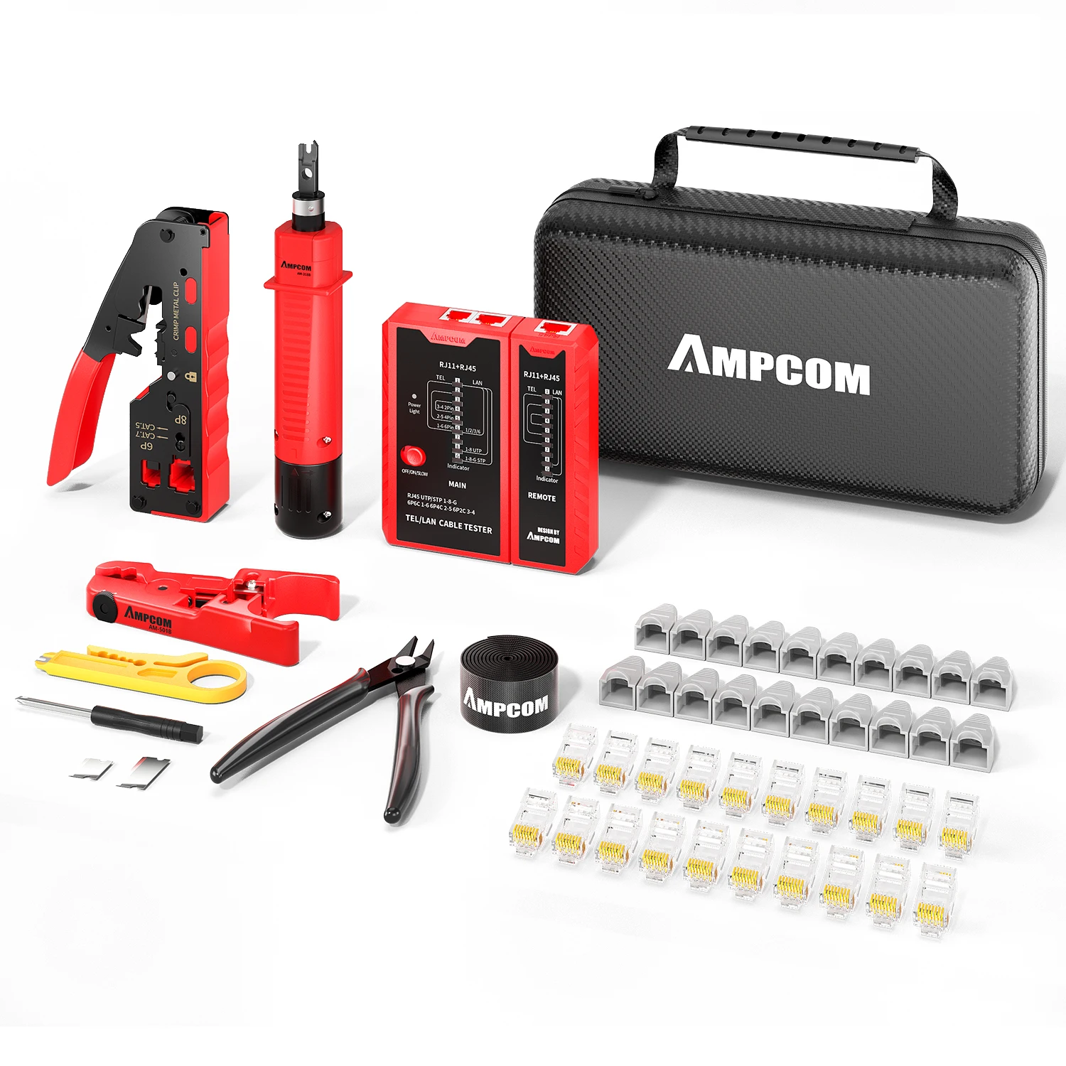 AMPCOM – Kit d'outils de sertissage réseau RJ45, pour Cat5e Cat6 Cat7, avec sertisseuse réseau/outil de poinçonnage/testeur de câble TEL/LAN