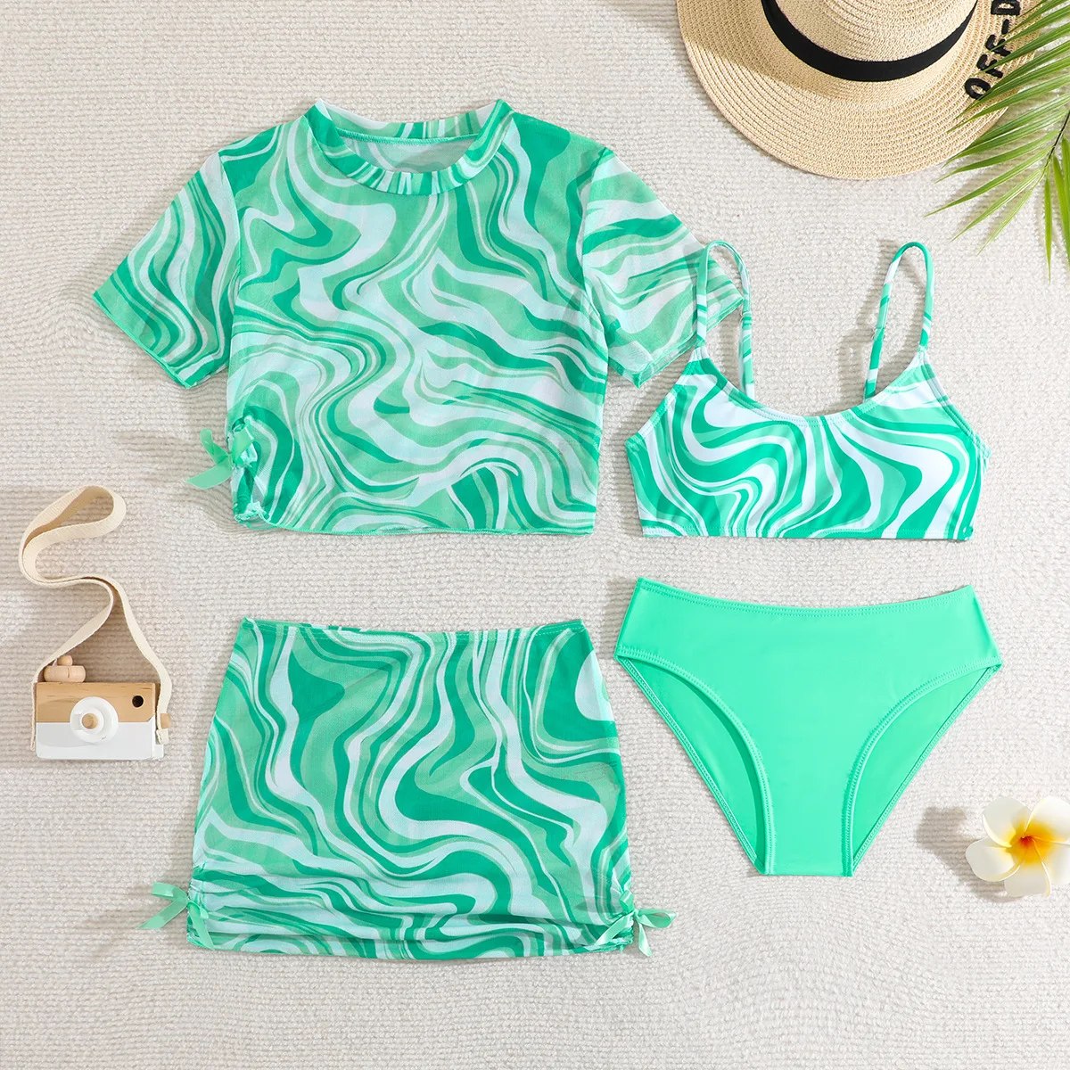 

Girls 4pack Green Print Bikini Sets with Beach Skirt&short Sleeve Crop Top Kids Swimsuit 7-12 Years Children's Swimwear Summer