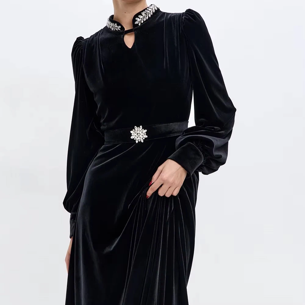 Abiti da sera a trapezio personalizzati Abito da festa a maniche lunghe con collo alto alla caviglia e telai Abito da ballo drappeggiato semplice