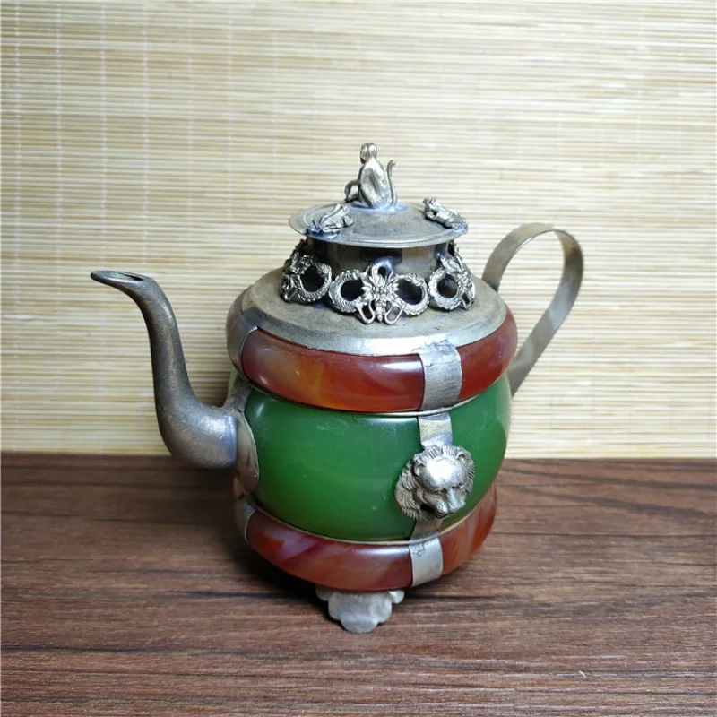 Antique Miscellaneous Antique Old Crafts White Copper Inlaid Outer Mongolia Cooking Wine Pot Kettle Decoration Wholesale