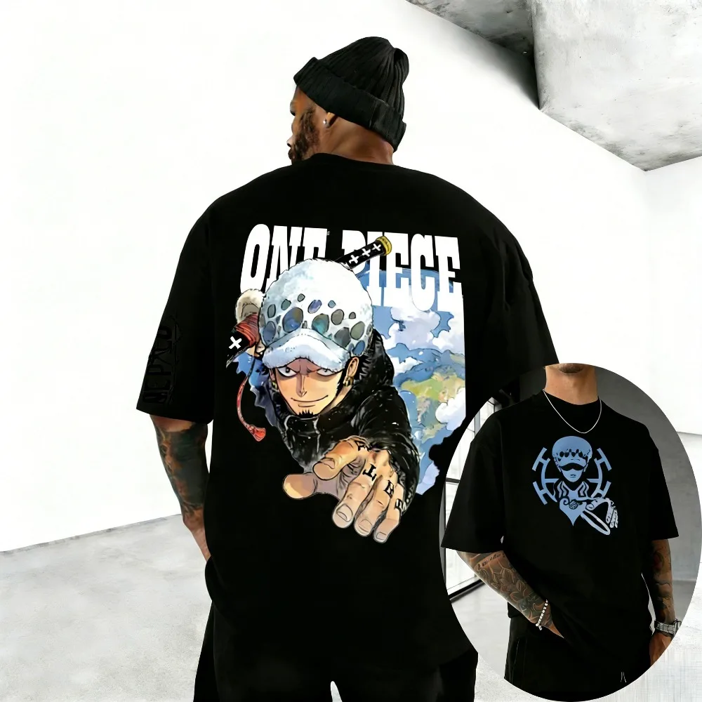One Piece Trafalgar D. Water Law Unisex Pure Cotton T-shirt 2026 Summer Anime Print Loose Casual Parent-child Short Sleeved Top