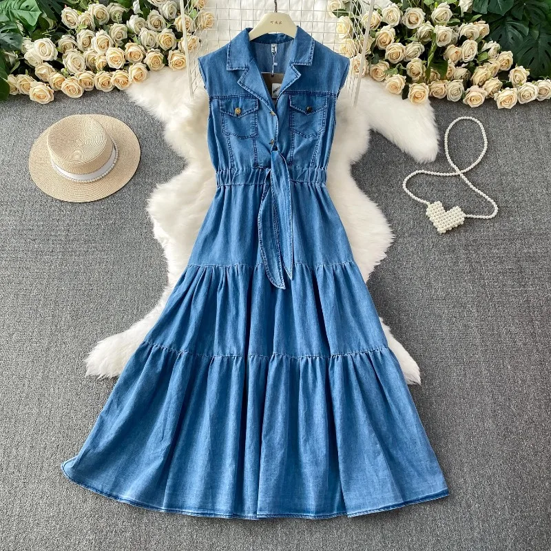 

High End Fashion Temperament Sleeveless Denim Dresses Y2k Aesthetic Slim Waist Lace Up Dress Harajuku French Pleated Clothes