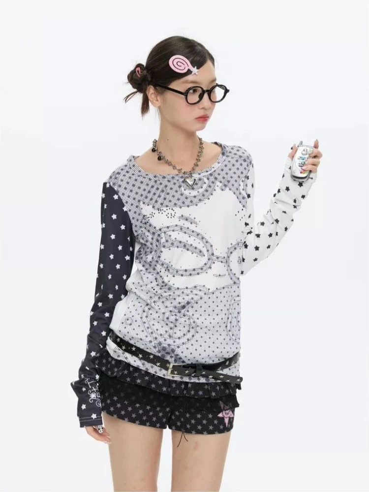 HOUZHOU Y2k Vintage Anime Juminocore Women T-Shirts Polka Dot Long Sleeve Japanese Harajuku Fashion Slim Tees Subculture Gyaru view 4