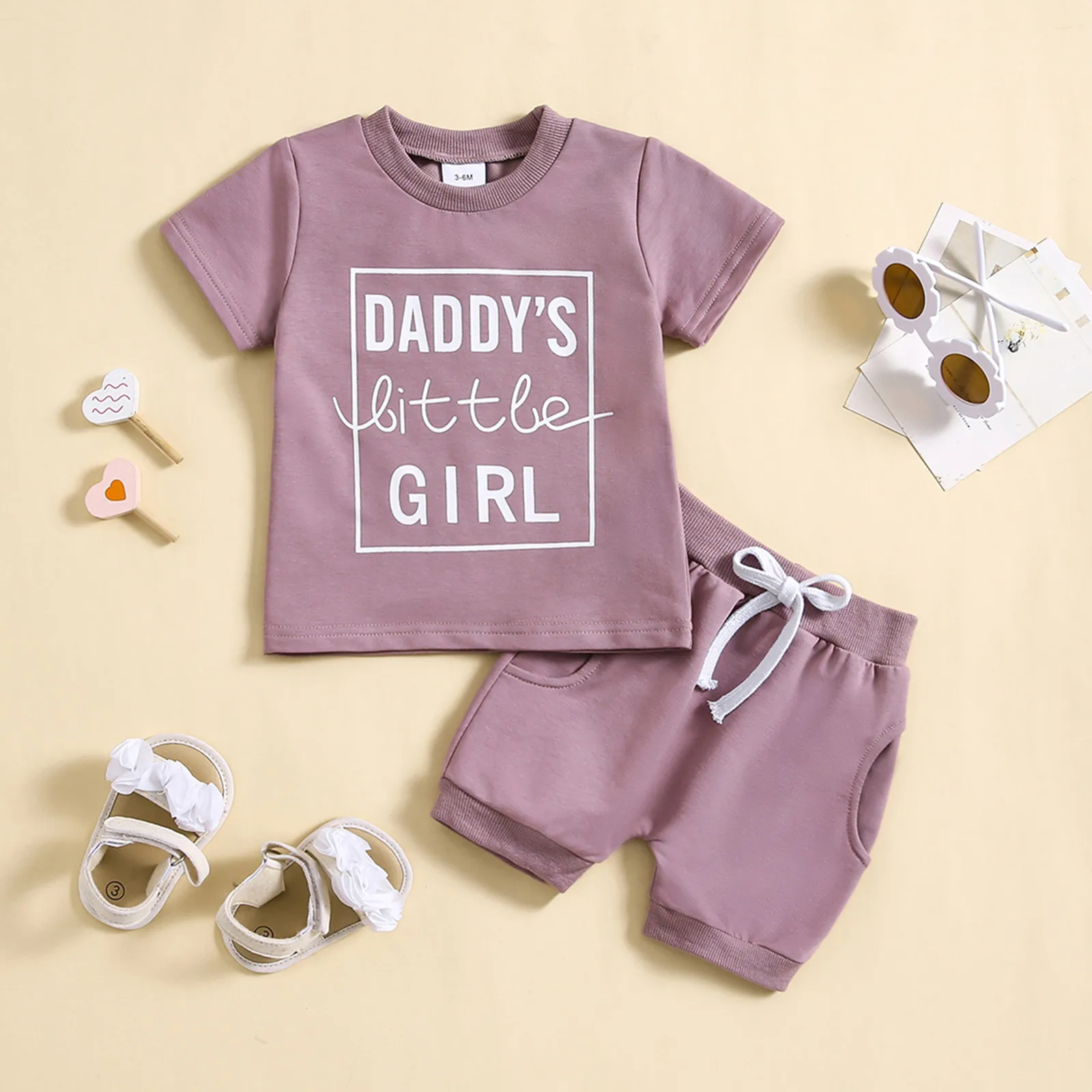 

Infant Baby Girl Summer Outfits Letter Print Crew Neck Short Sleeve T-Shirts Tops Elastic Waist Shorts 2Pcs Clothes Set 3M-3T