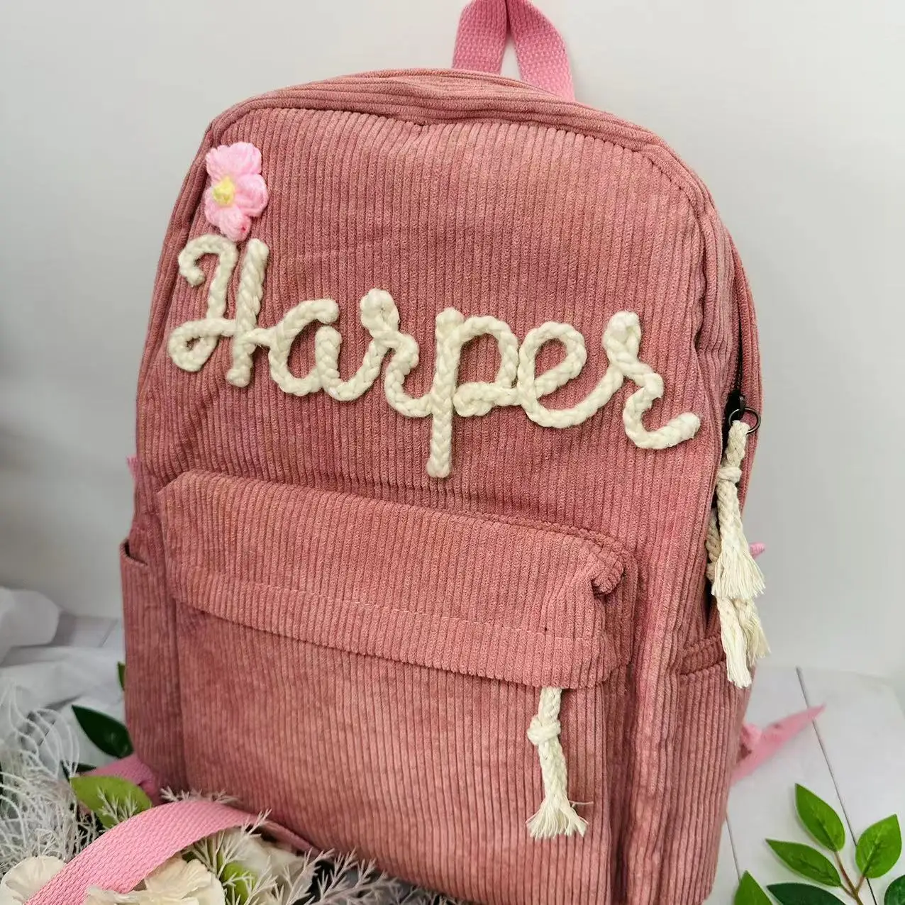 Personalized Hand-Embroidered Corduroy Backpack | Embroidered School Bag for Kids | Child\'s Toddler Backpack