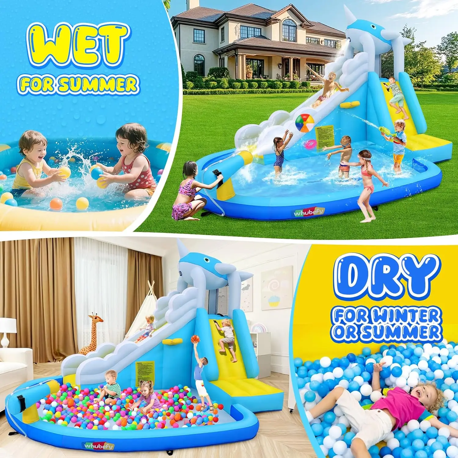 12x8.5 ฟุตสไลด์น้ําทําให้พองสําหรับเด็ก Backyard w/6 ของเล่นน้ํา & Inflatable Balls, blow Up Waterpark w/Whale Spout Slide, Spl