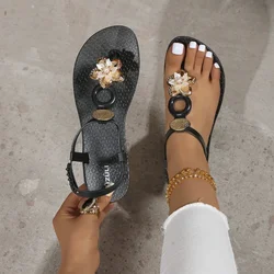 Ladies Shoes 2024 Hot Sale Thong Women Sandals Summer Casual Sandals Women Flower Metal Decoration Solft Sole Flat Shoes Women