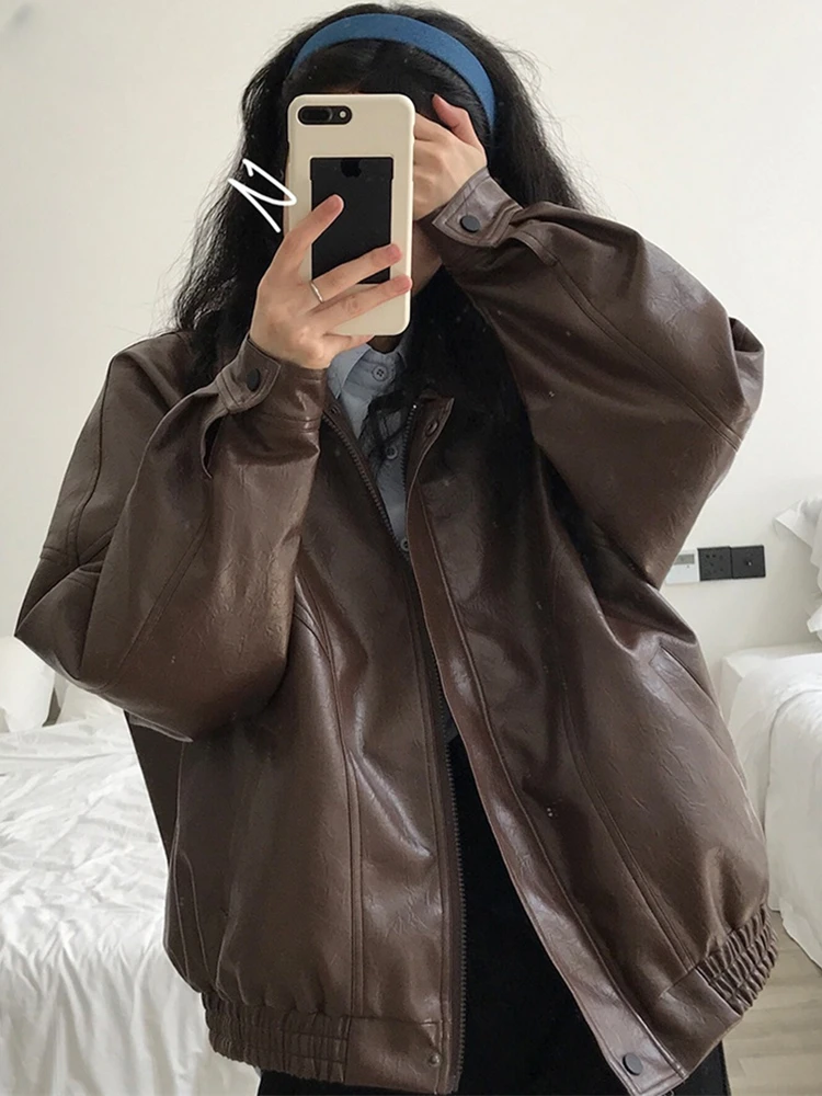 Women\'s Retro Black and Brown Leather Jacket, Zipper, Long Sleeve, Loose, Casual, Cool, Korean Clothes, Spring Autumn, New, 2024