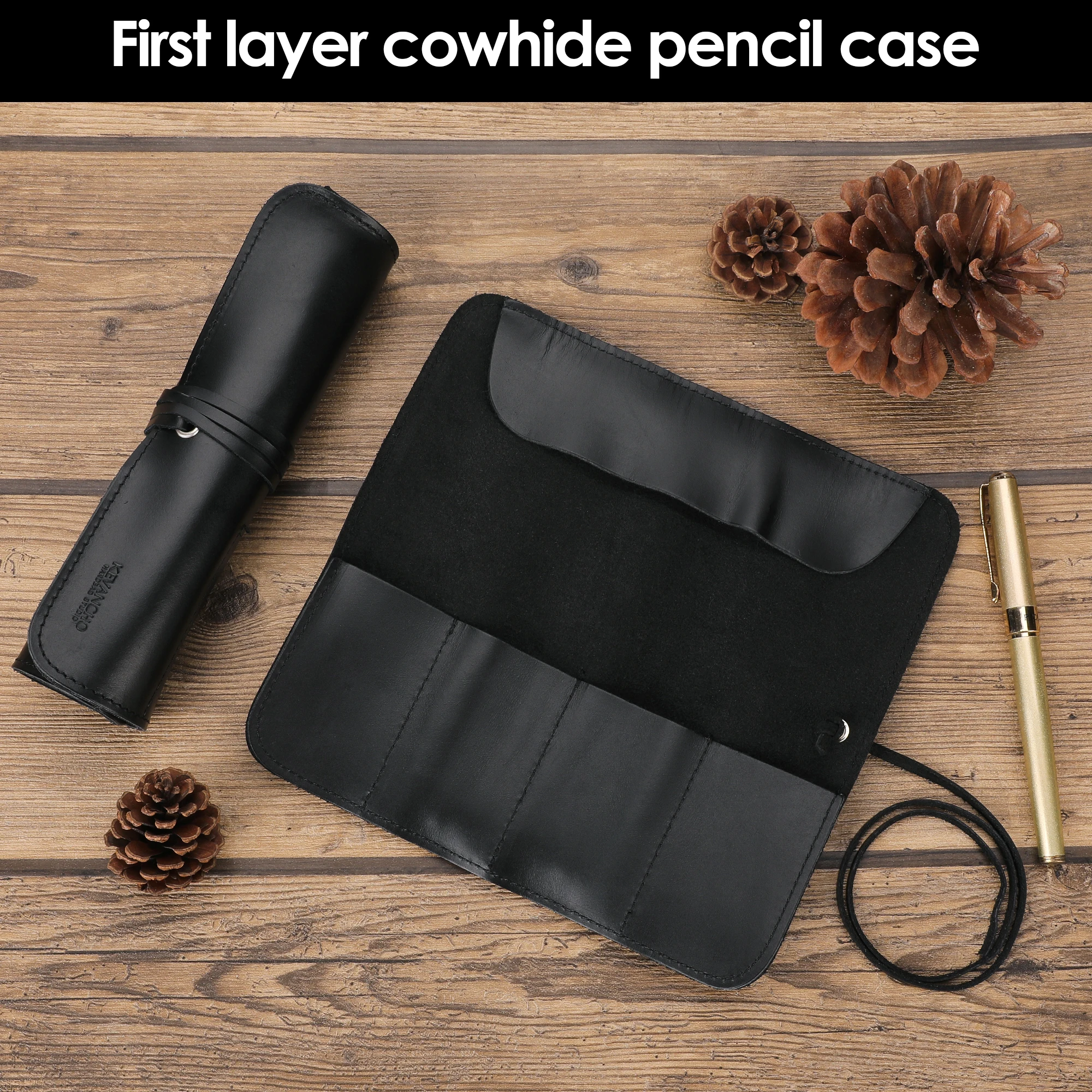 Genuine Leather Pencil Pouch Case, Roll Pen Bag Storage Holder Organizer Wrap Tool Set Pouch