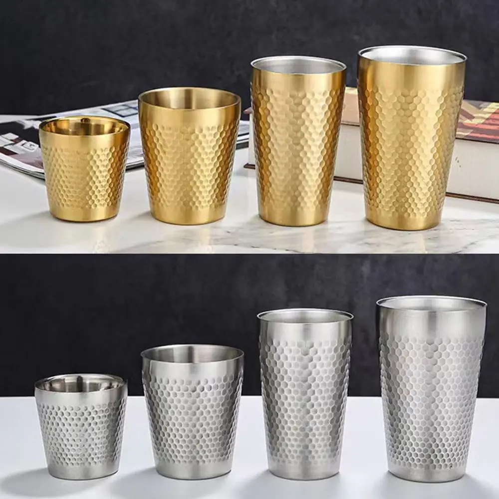 Double-Wall Beer Cups Stainless Steel Cold Water Drinks Cup Keep Cold Hammered Texture Anti-scalding Anti-fall Milk Mugs