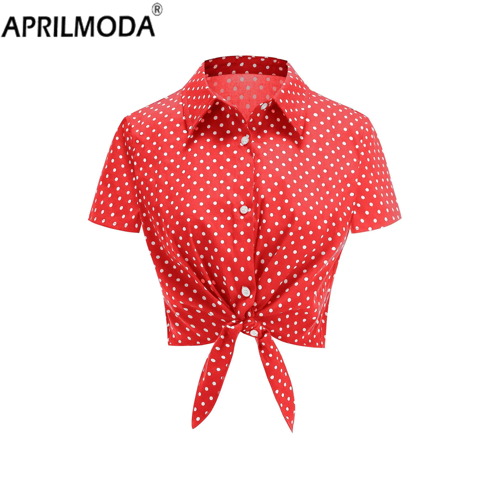 

Однобортный принт, женская винтажная повседневная женская укороченная блузка в горошек с коротким рукавом, облегающие богемные рубашки для вечеринок 50-х 60-х годов