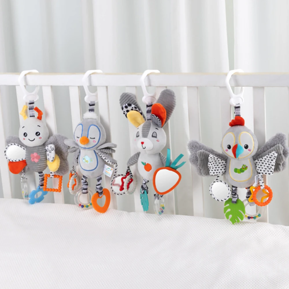 Baby Hanging Rattle Toys Plush Soft Animal Stuffed Handbells Educational Infant Development Handle Toys for Stroller Crib