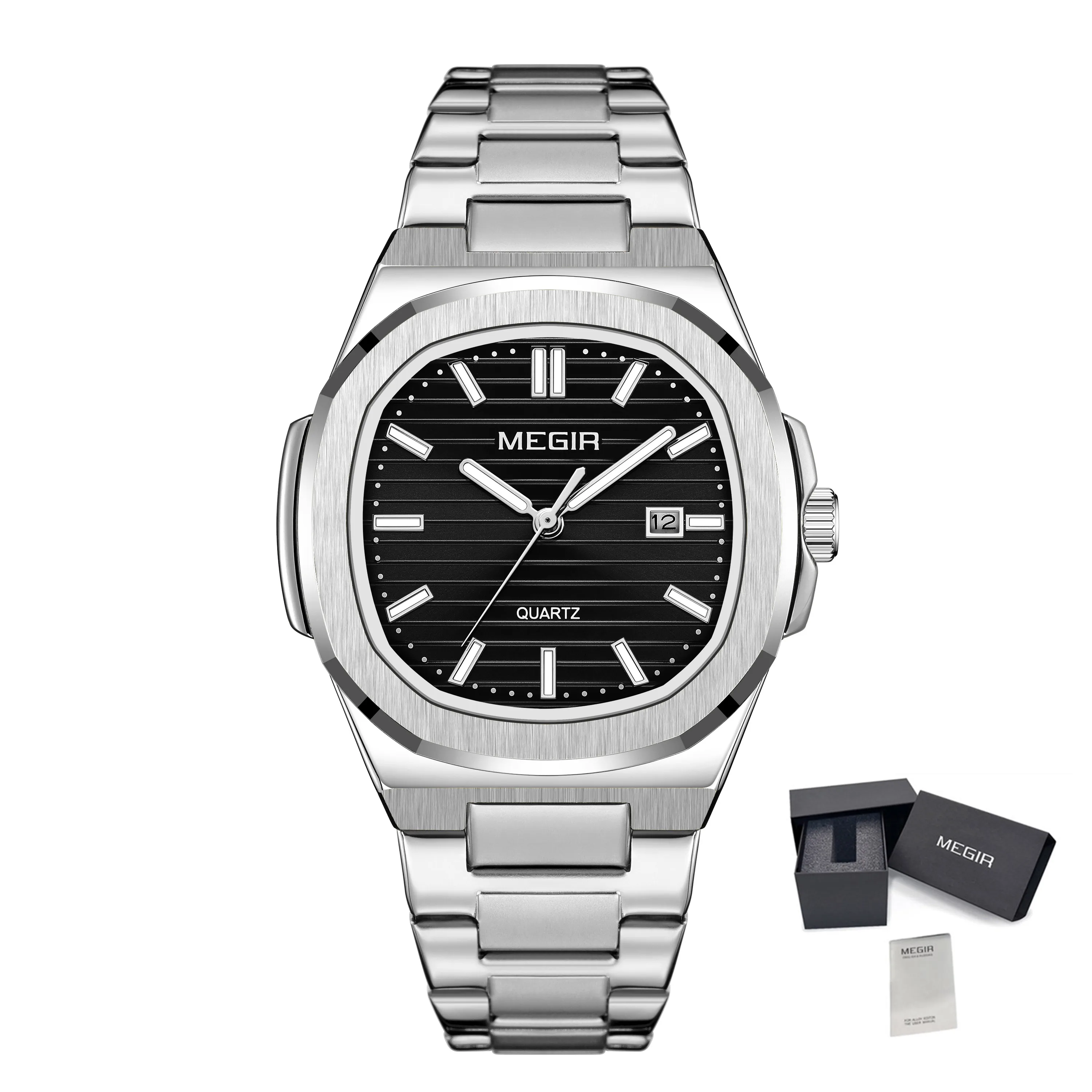 MEGIR Classic Stainless Steel Bracelet Quartz Watch for Men Waterproof Calendar Business Leisure Wristwatch Big Dial Clock 1084