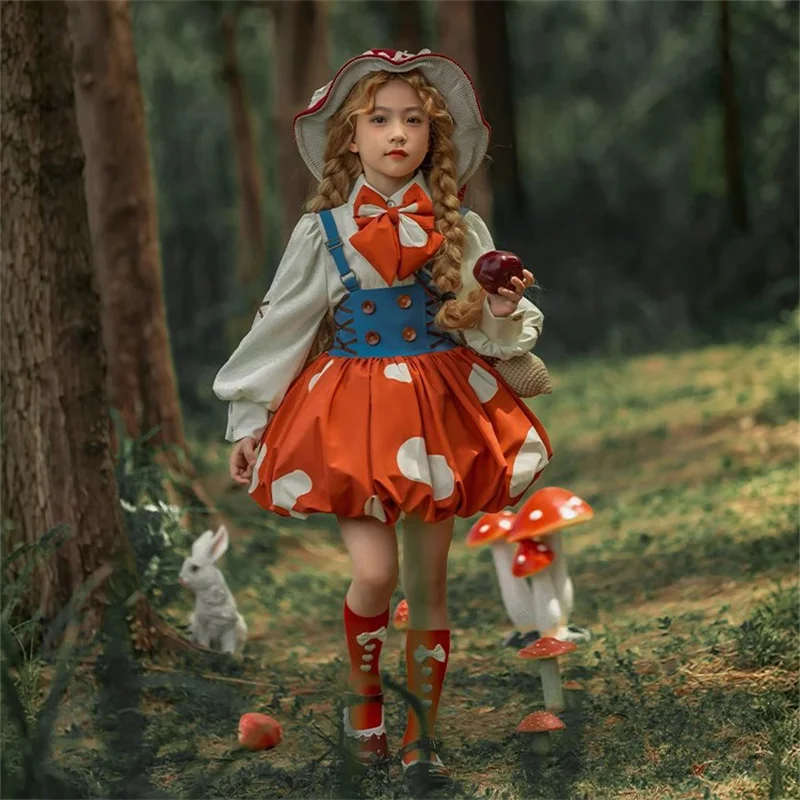 

Red Riding Hood Mushroom Dress Cosplay Skirt Costume Hat Full Set Accessories Suit Halloween Party Role Play Outfit