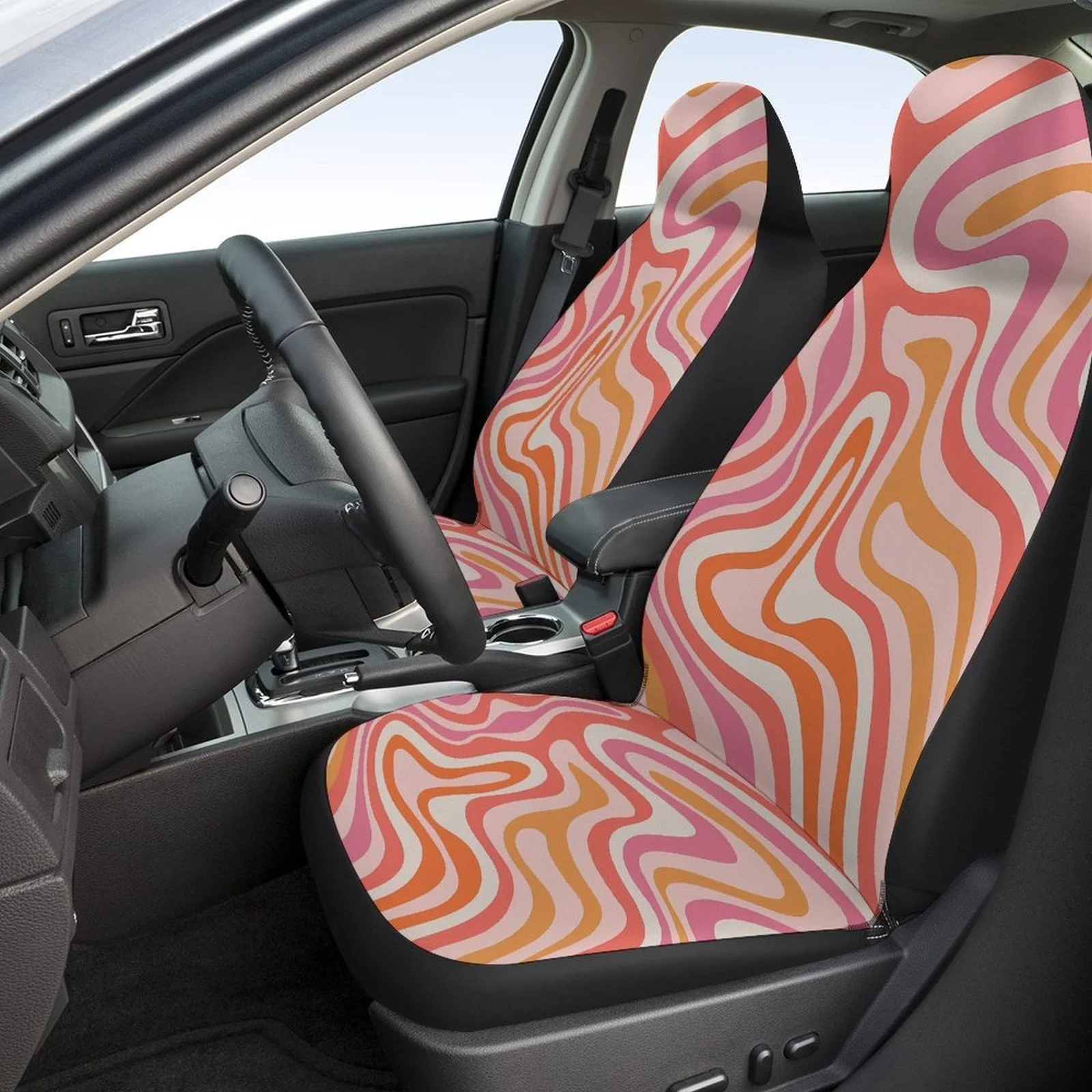 Wavy Lines Pattern Themed Car Seat Covers Set For Most Cars, Fashionable Comfortable Decorative Car Seat Protector Covers Full S