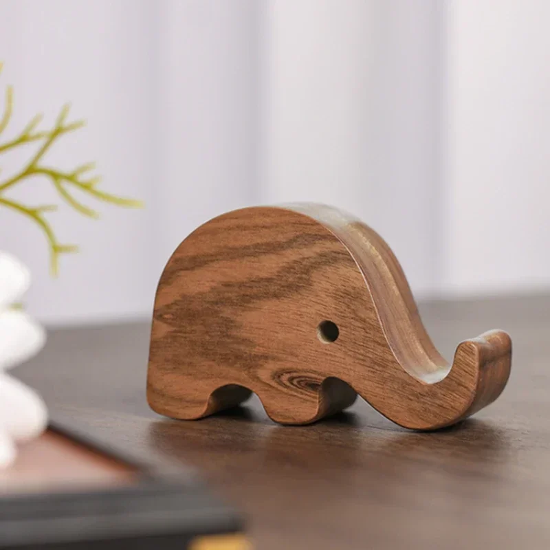 

Cute Elephant Cartoon Phone Holder Universal Wooden Stand Solid Wood Desk Decoration Fun Decor Playful Prop