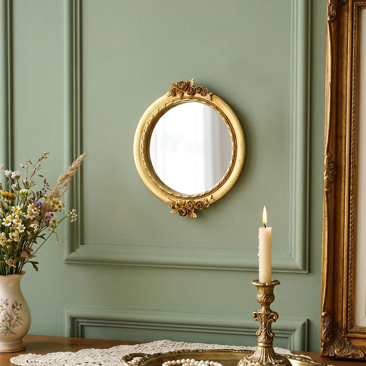 1PC, French‑Style Golden Rose Engraved Oval Wall‑Mounted Mirror, Rose Hanging Mirror, Decorative Small Mirror