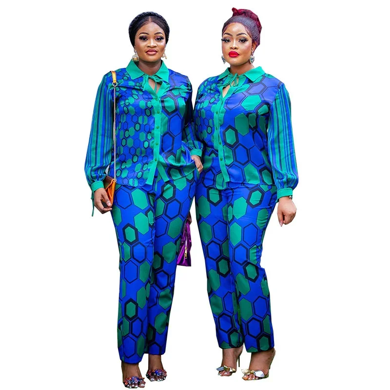 Spring Autumn African Women Printing Turn Down Collar Suit Women Dashiki African Clothes Top Pant 2 Pcs Outfits Matching Sets