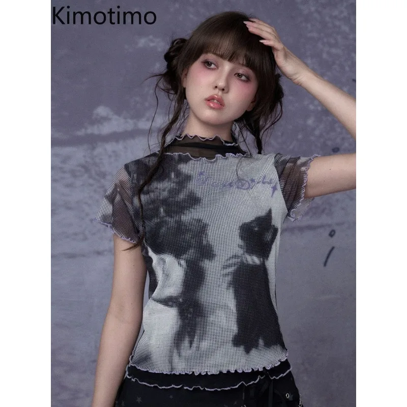 Kimotimo Y2K Cat Print Mesh Crop Top Women Short Sleeve Sheer Mock Neck Slim Fit Trim Grunge T-Shirt Streetwear Summer Cute Tee