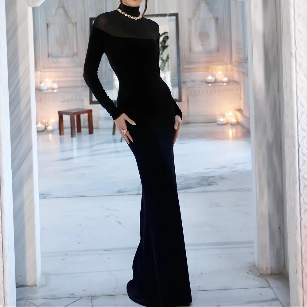 

Customized A-line Evening Dresses Floor-length High-neck Full Sleeve Prom Gown Fashion Crystal Simple Draped Casual Party Gown