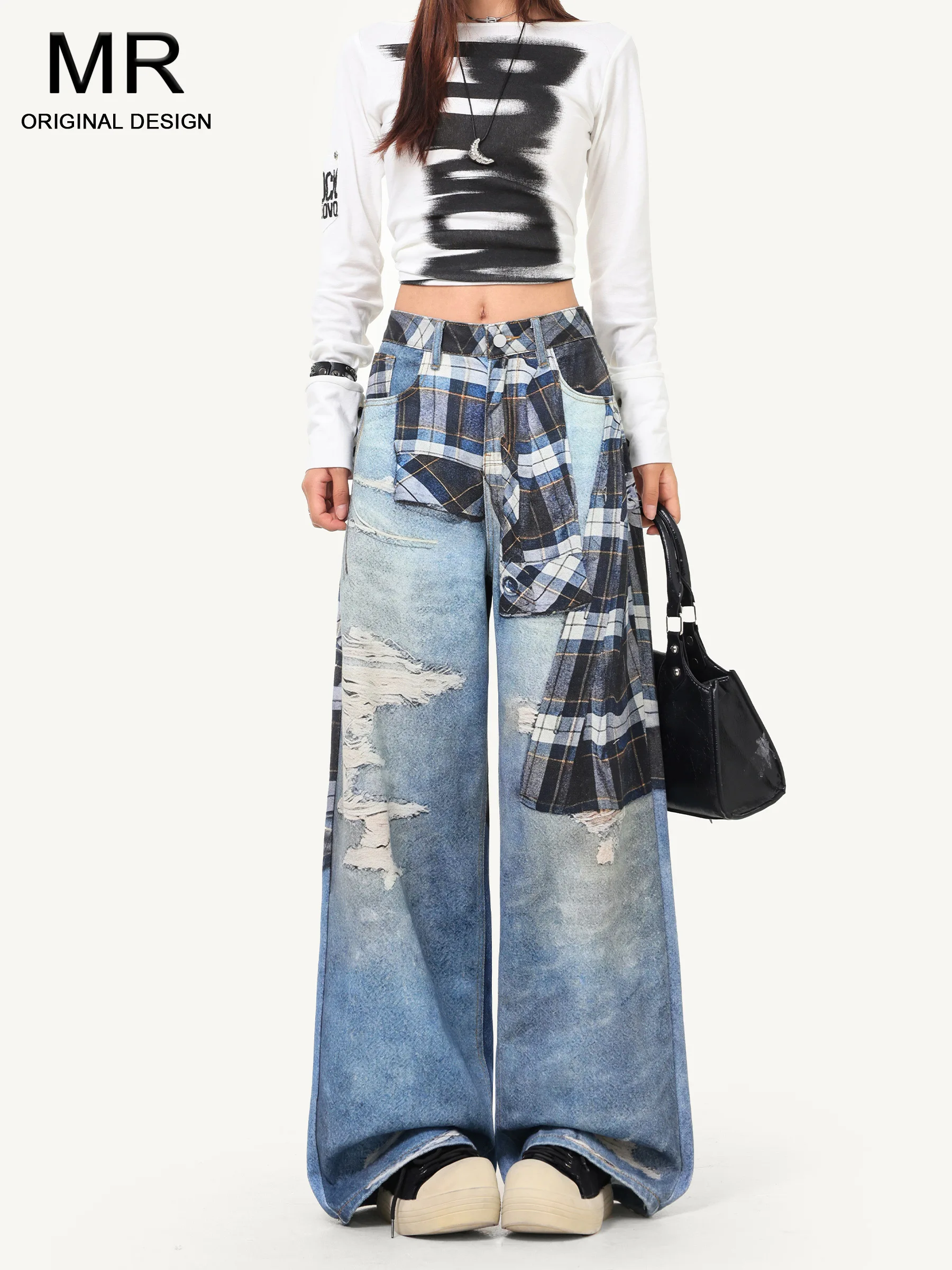 

Ретро-рубашка в клетку с принтом, джинсы с высокой талией, женские свободные брюки с эффектом похудения, широкие штанины, повседневный стиль, на пуговицах, из хлопка