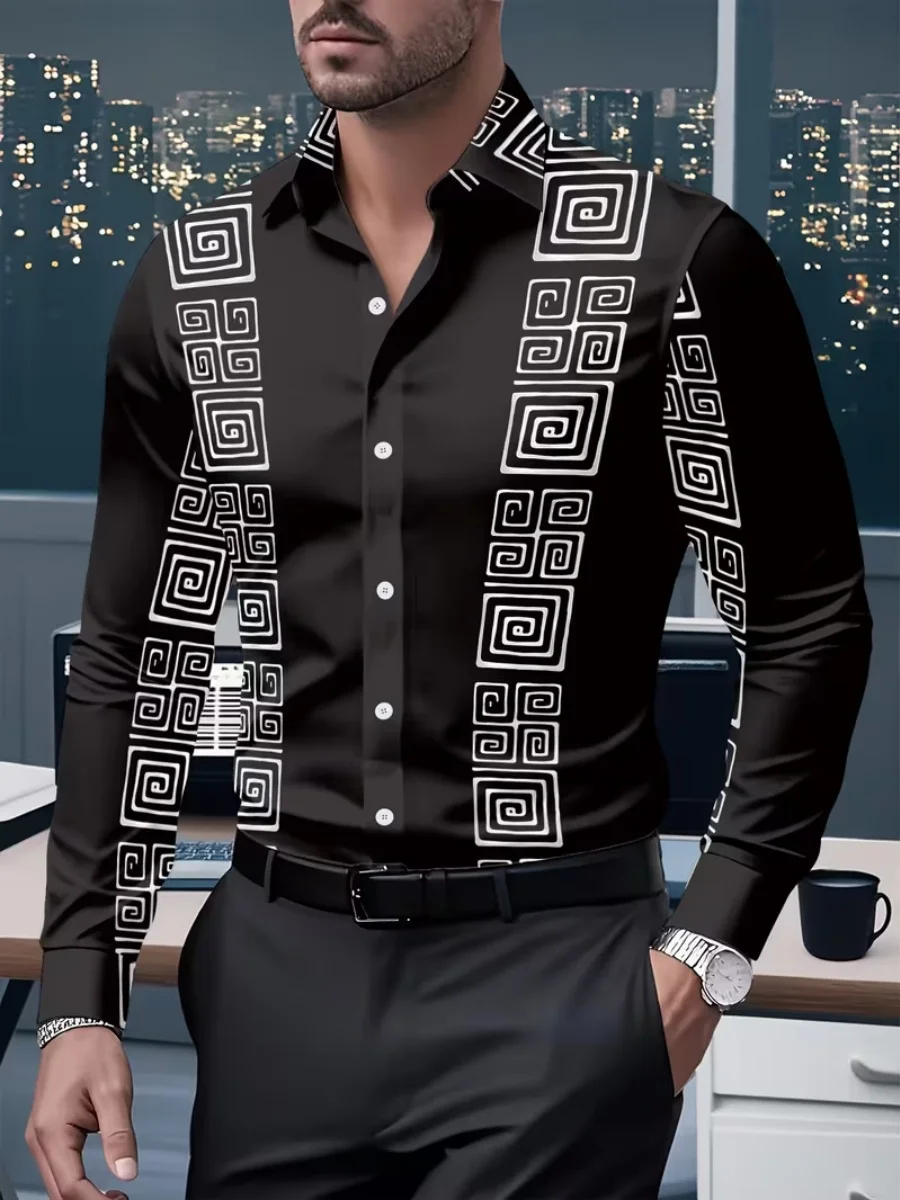 

New men's elegant art-print long-sleeved shirt, with stylish lapel button design. Ideal for men's daily work and casual wear.