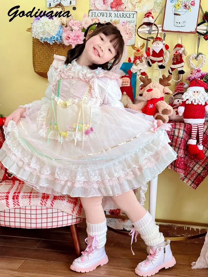 Sweet Baby Girls Cute Candy Lolita Princess Dress Kids High End Heavy Sleeveless Mesh Lace Trim Birthday Party Tulle Tutu Dress