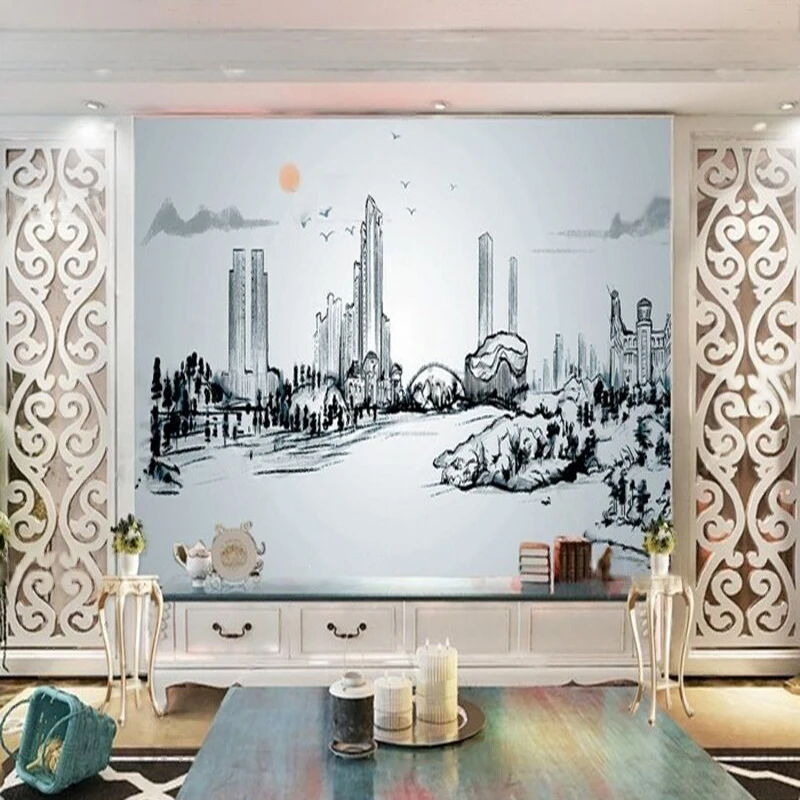 モダンな手描き都市水墨画抽象柄テレビルーム装飾キッチンウォールステッカーカスタム壁画パターン背景壁