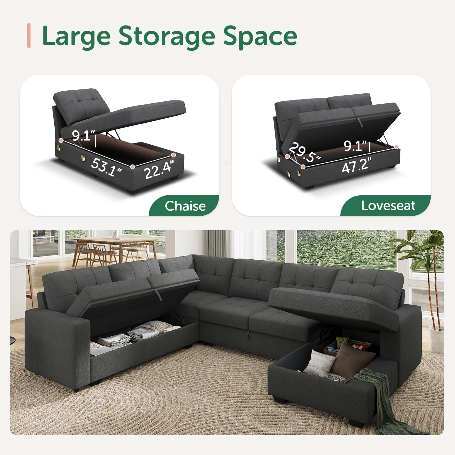 Sectional Sleeper Sofa Pull Out Bed with Storage, Sleeper Sectional Sofa Couch, Sectional Sleeper Bed for Living Room, Dark Grey image 3