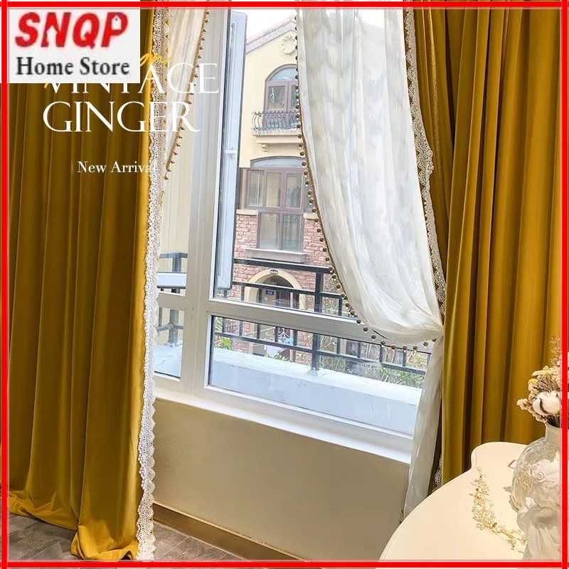 

French Ginger Velvet Luxury Blackout Curtains for Living Room Bedroom Vintage Thick Fabric Flannel Fashion Lace Tulle Custom