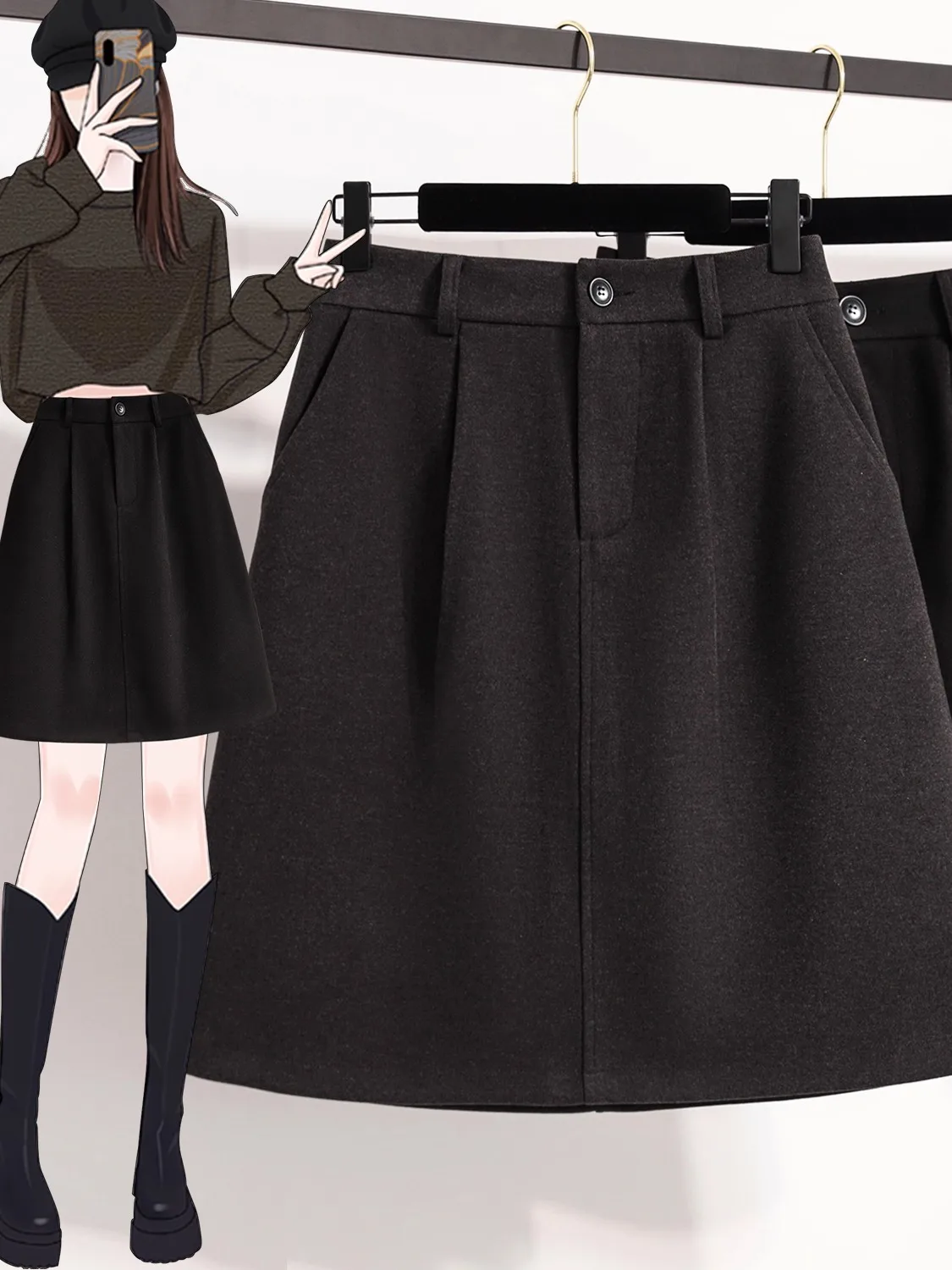 

High Waist Woolen Skirt Women's Autumn Winter plus Size Slimming Versatile Casual Mid-Length Skirt Korean Sle Commute