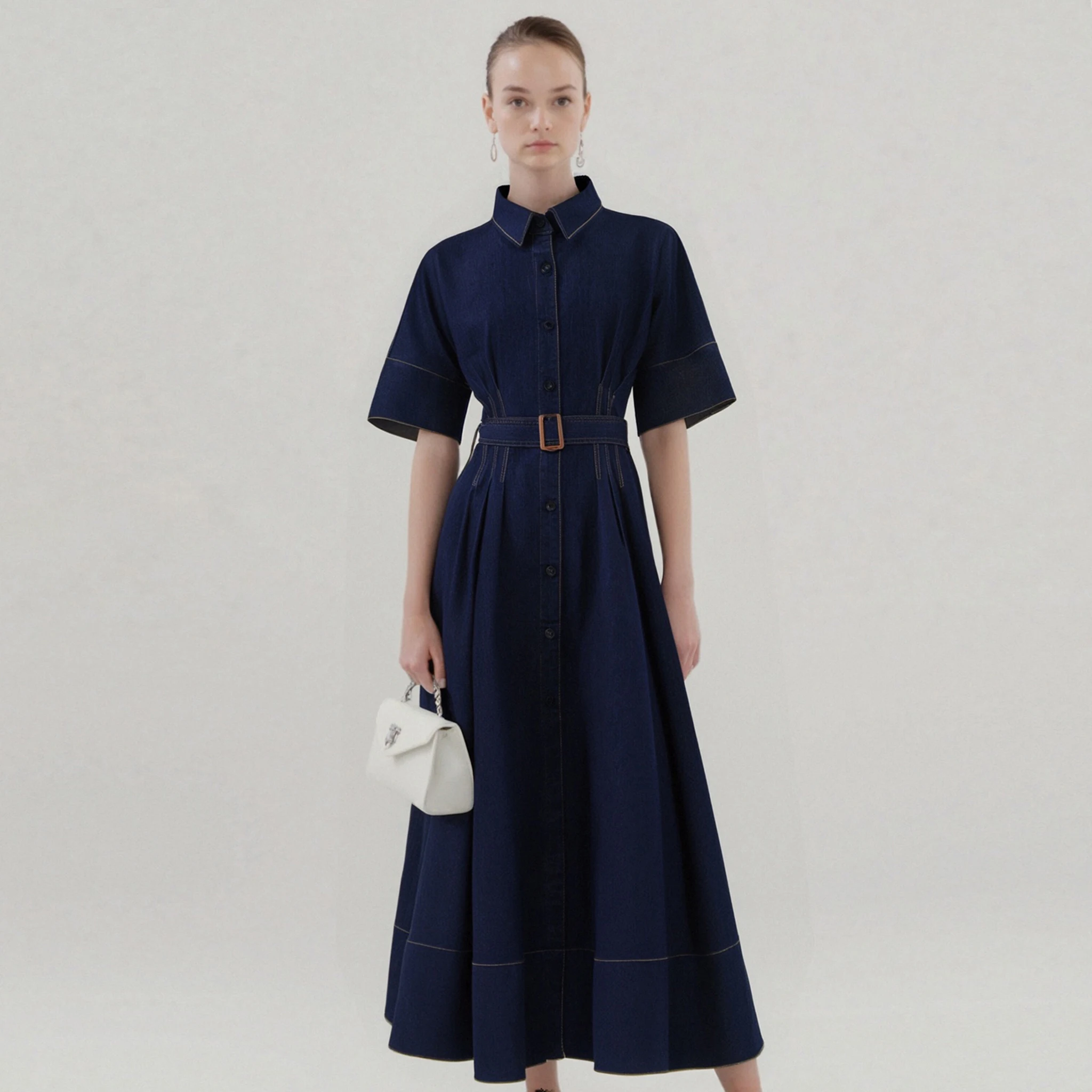 Women's Denim Long Dress 2025 Autumn New Texture navy blue Women's Business Long Dress