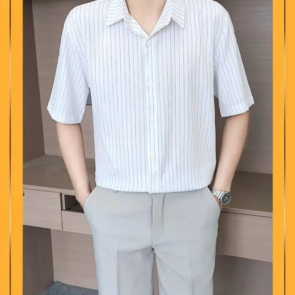 Mens Vertical Stripe Shirt Slim Fit Casual Short Sleeve Summer Tops Fashion Business Apparel Breathable Comfortable Office Shirt