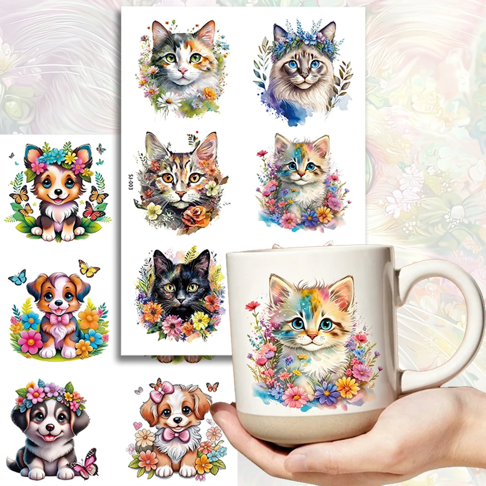6pcs French Floral Cat UV Transfer Crystal Stickers Cartoon Puppy Butterfly Transfer Sticker Cup/Wall/Window Decoration Stickers