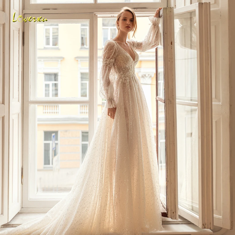 Loverxu A-Line Romantic Boho Wedding Dresses V-Neck Long Sleeve Robe De Mariee Lace Beaded Court Train Custom Made Bridal Gown