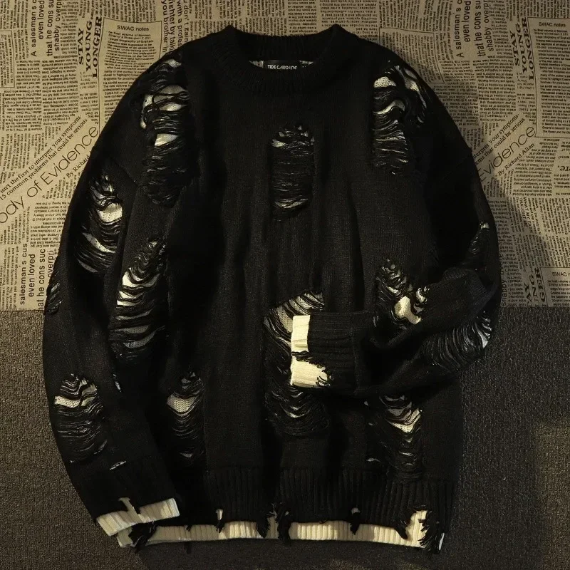 Unisex Y2K Sweater Vintage Distressed Hole Fake Two Layer Pullover Punk Streetwear High Street  Loose Winter Top for Men Women