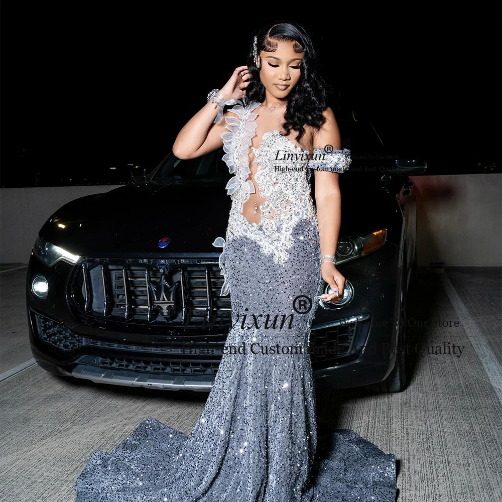 キラキラ 3D オーナメントウエディングドレス黒人ガールグリッタースパンコールマーメイドイブニングパーティードレスカスタマイズされたノースリーブローブ d'été ファム