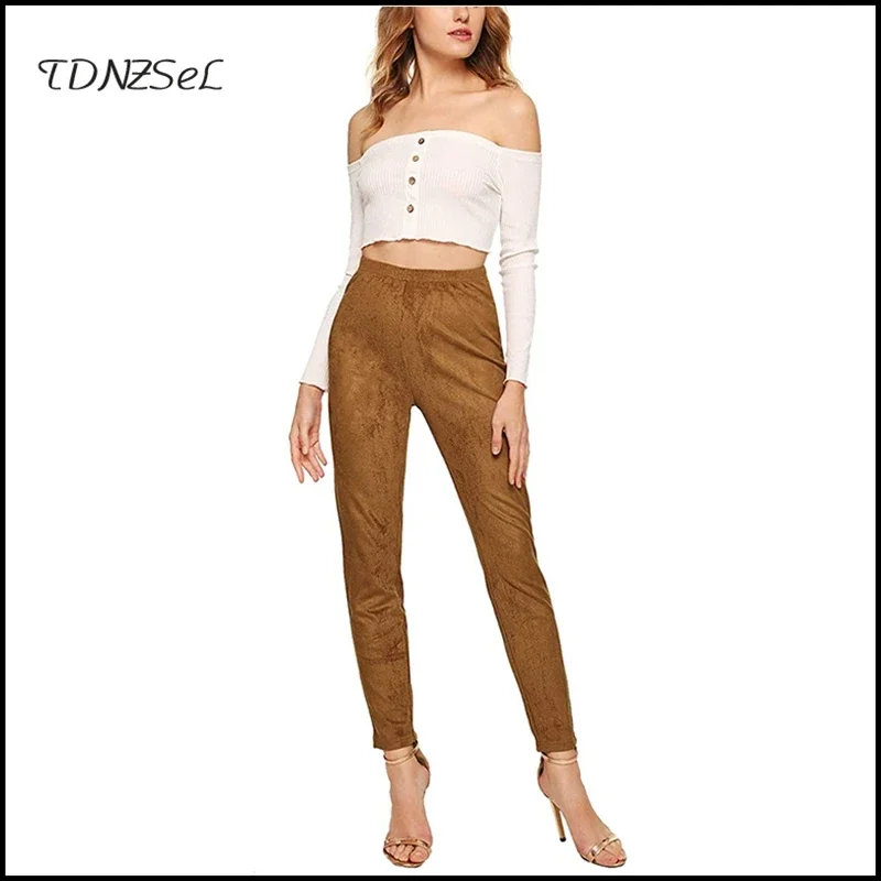 Stretch Seamless Legging Women Tan Faux Suede Leather Pants Slim Lady Autumn Skinny High Waist Pencil Trousers Fashion Custom