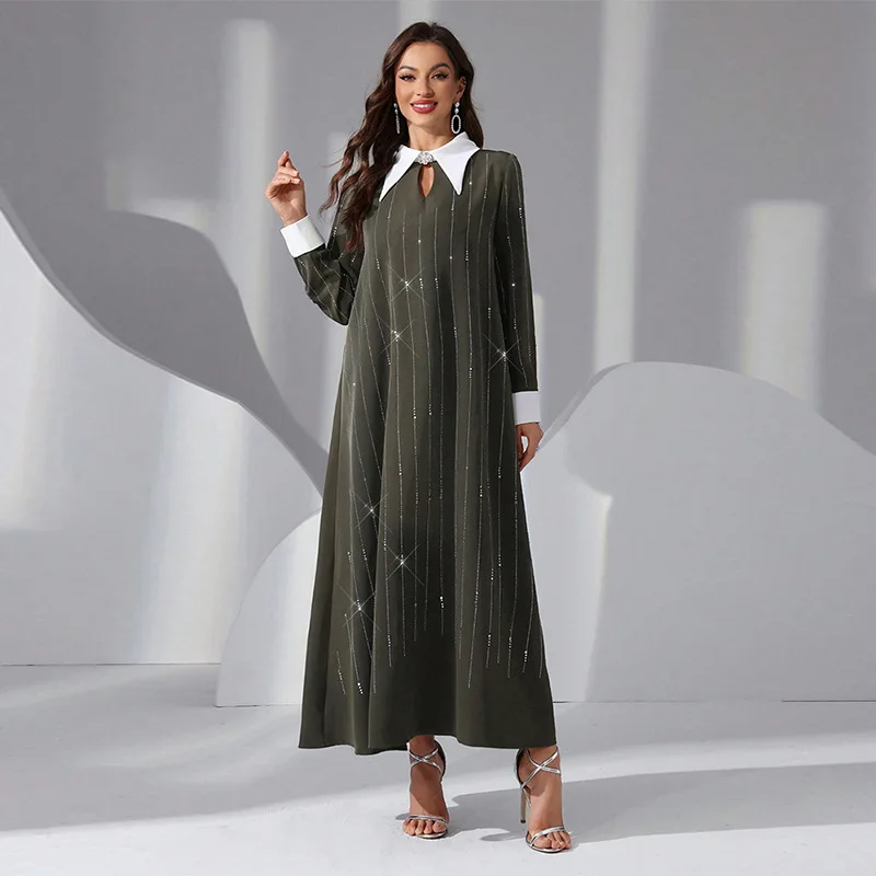 

SuperAen Elegant Long Sleeve Dress Fashion Hot Diamond Contrast Colour Neckline Long Dress