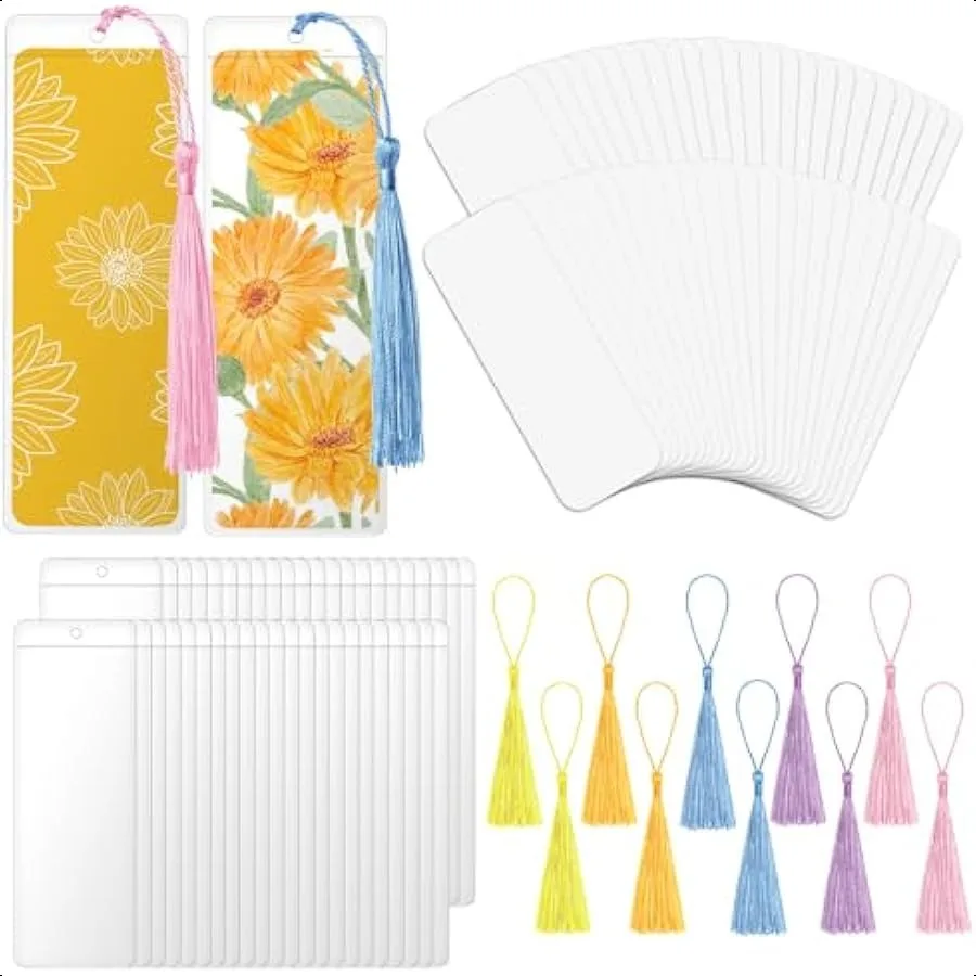 

50 Sets Blank Bookmarks Cardstock with Tassels PVC Tags Clear Bookmark Sleeves Bookmark Kit with Hole for DIY Classroom Project