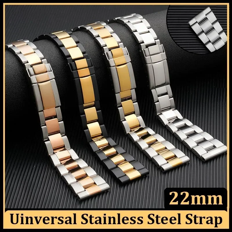 22mm Solid Stainless Steel Watch Band Universal 3-bead Metal Strap for Women Men Diving Bracelet for Rolex for Seiko Wristband